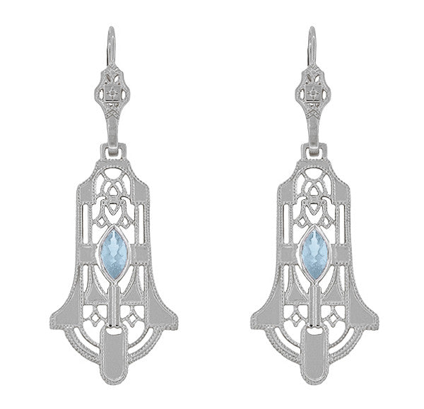 Sterling Silver Art Deco Geometric Sky Blue Topaz Dangling Filigree Earrings
