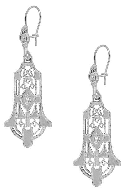Geometric Diamond Dangling Sterling Silver Filigree Art Deco Earrings - Item: E173WD - Image: 2