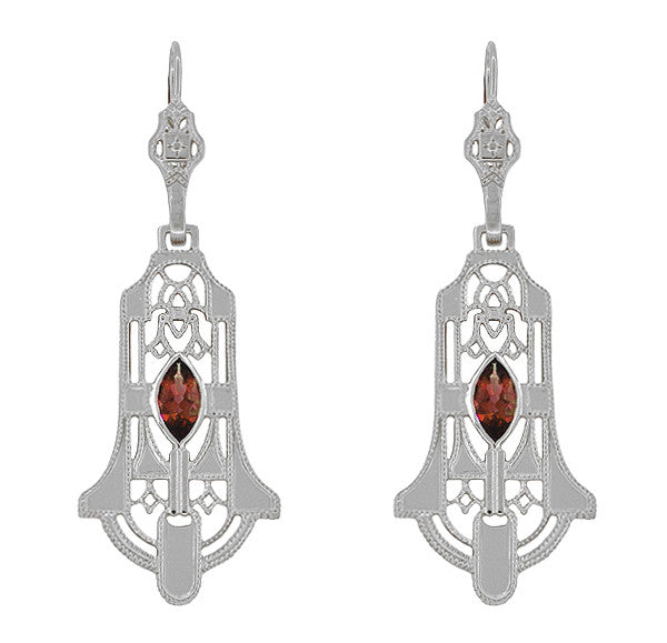 Sterling Silver Art Deco Geometric Almandite Garnet Dangling Filigree Earrings