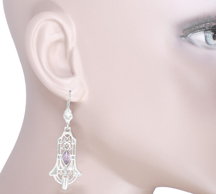 Art Deco Sterling Silver Rose de France Amethyst Dangling Filigree Earrings - Item: E173WRDF - Image: 3
