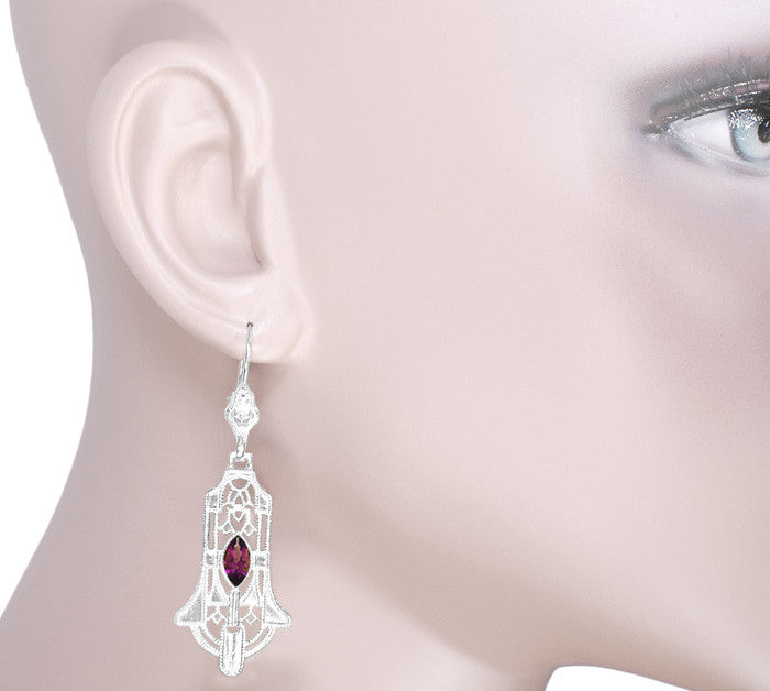 Art Deco Geometric Rhodolite Garnet Dangling Filigree Earrings in Sterling Silver - Item: E173WRG - Image: 3