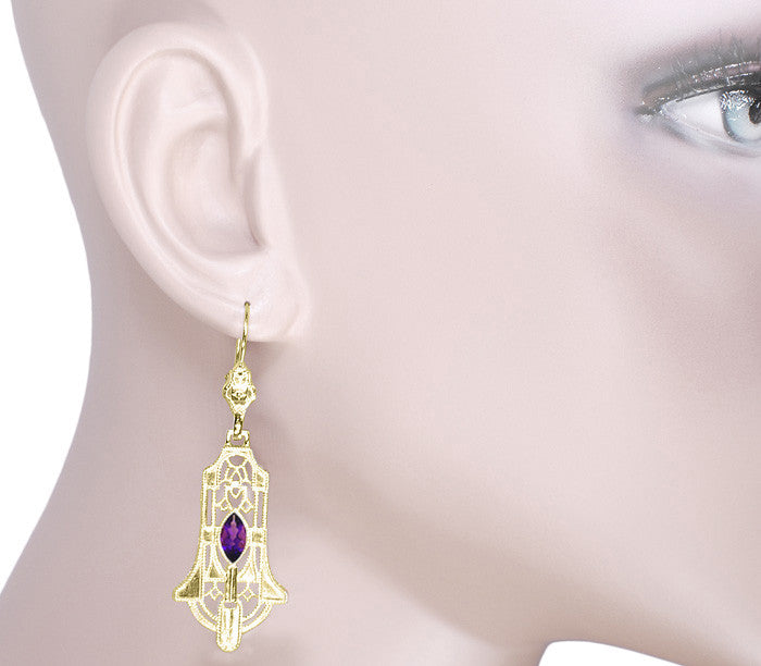 Art Deco Geometric Amethyst Dangling Filigree Earrings in Sterling Silver with Yellow Gold Vermeil - Item: E173YAM - Image: 3
