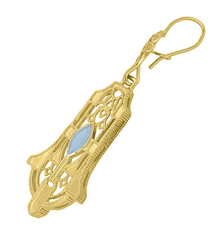 Art Deco Geometric Sky Blue Topaz Dangling Filigree Earrings in Sterling Silver with Yellow Gold Vermeil - Item: E173YBT - Image: 2