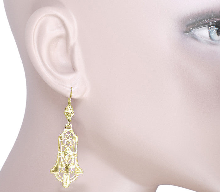 Art Deco Geometric Diamond Dangling Filigree Earrings in Sterling Silver with Yellow Gold Vermeil - Item: E173YD - Image: 4