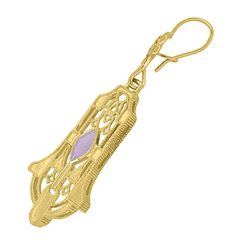 Art Deco Geometric Rose de France Amethyst Dangling Filigree Earrings in Sterling Silver with Yellow Gold Vermeil - Item: E173YRDF - Image: 2