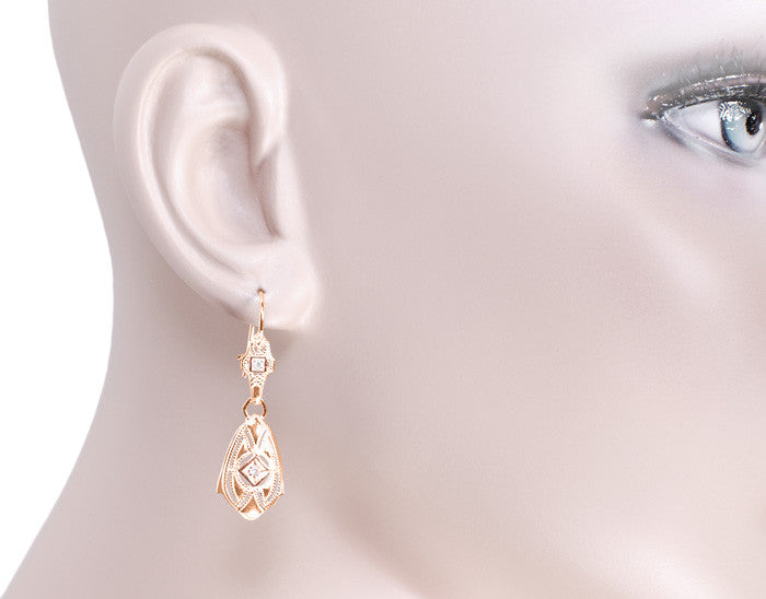 Art Deco Dangling Sterling Silver Diamond Filigree Earrings with Rose Gold Vermeil - Item: E178RD - Image: 3