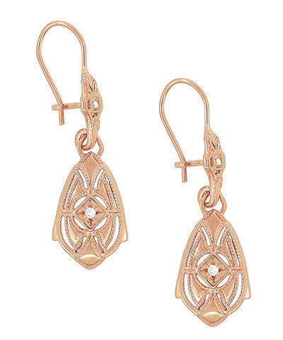 Art Deco Dangling Sterling Silver Diamond Filigree Earrings with Rose Gold Vermeil - Item: E178RD - Image: 2
