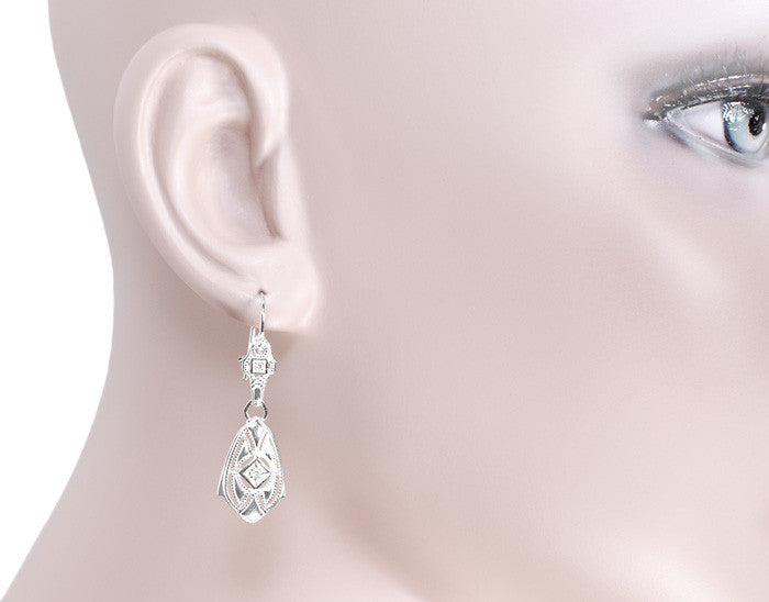 Art Deco Dangling Sterling Silver Diamond Filigree Earrings - Item: E178WD - Image: 3