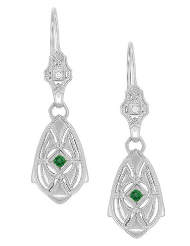 Art Deco Dangling Sterling Silver Emerald and Diamond Filigree Earrings