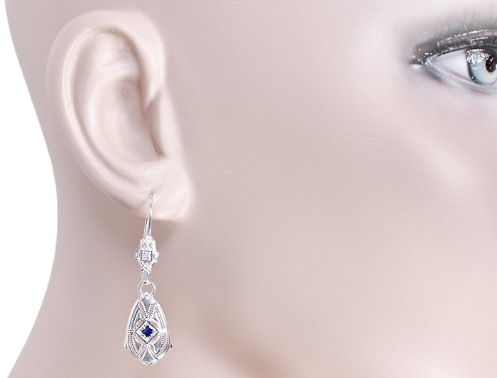 Art Deco Dangling Sterling Silver Sapphire and Diamond Filigree Earrings - Item: E178WS - Image: 3