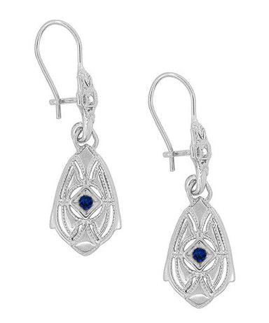 Art Deco Dangling Sterling Silver Sapphire and Diamond Filigree Earrings - alternate view