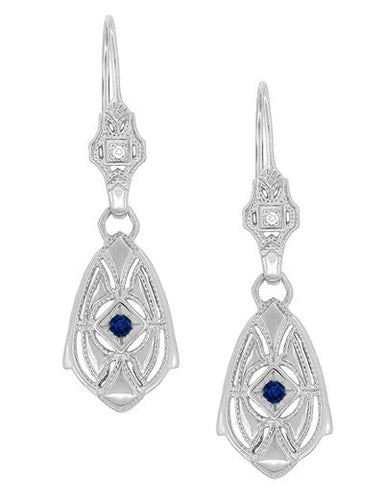 Art Deco Dangling Sterling Silver Sapphire and Diamond Filigree Earrings