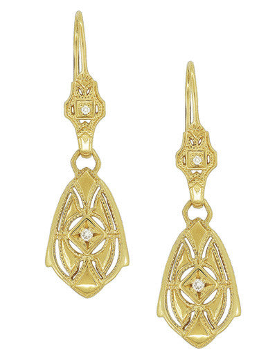Art Deco Dangling Sterling Silver Diamond Filigree Earrings with Yellow Gold Vermeil