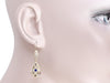 Art Deco Dangling Sterling Silver Blue Sapphire and Diamond Filigree Earrings with Yellow Gold Vermeil
