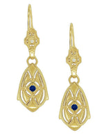 Art Deco Dangling Sterling Silver Blue Sapphire and Diamond Filigree Earrings with Yellow Gold Vermeil