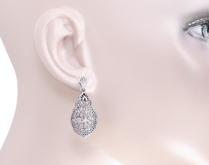 Art Deco Diamond Filigree Teardrop Earrings in Sterling Silver - Item: E179 - Image: 3