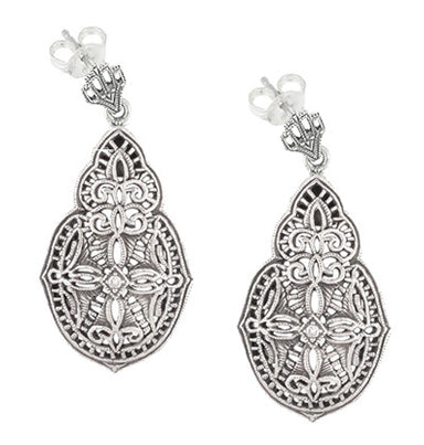 Art Deco Diamond Filigree Teardrop Earrings in Sterling Silver - alternate view