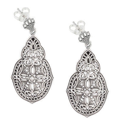 Art Deco Diamond Filigree Teardrop Earrings in Sterling Silver - Item: E179 - Image: 2