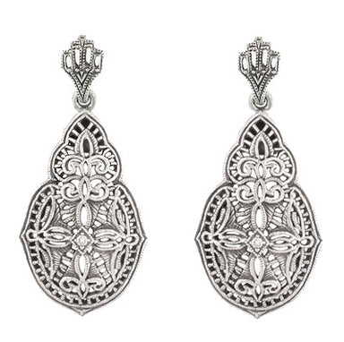 Art Deco Diamond Filigree Teardrop Earrings in Sterling Silver