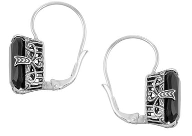 Simple Filigree Cushion Cut Black Onyx Earrings in Sterling Silver - Art Deco - alternate view
