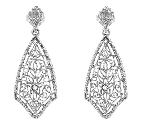 Art Deco Fan Drop Filigree Diamond Earrings in Sterling Silver