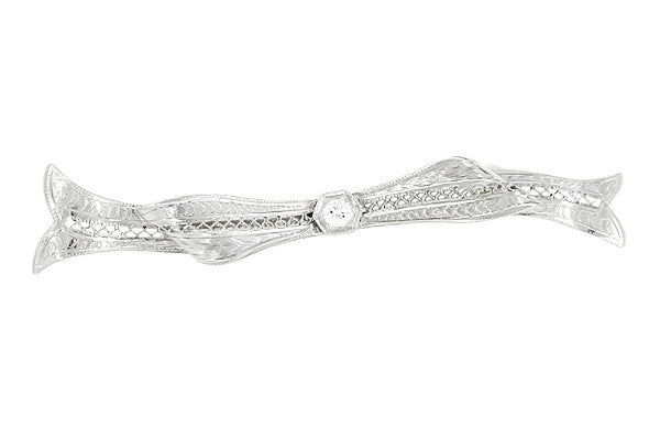 Vintage Art Deco Diamond Filigree Bow Brooch in 14 Karat White Gold