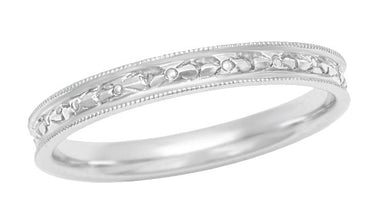 Edwardian Vintage Design Engraved Flowers Womens Wedding Ring in 18K White Gold
