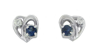 Vintage Heart Sapphire and Diamond Stud Earrings in 14 Karat White