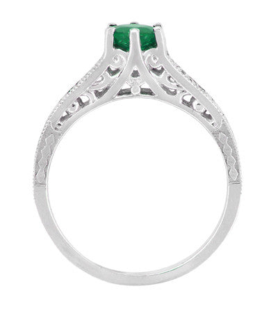 Art Deco Emerald and Diamond Filigree Engagement Ring in 14 Karat White Gold - Item: R206 - Image: 4