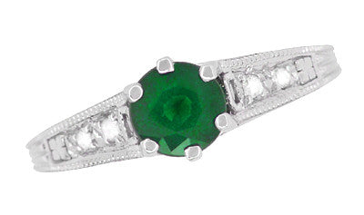 Art Deco Emerald and Diamond Filigree Engagement Ring in 14 Karat White Gold - Item: R206 - Image: 5