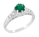 Art Deco Filigree Antique Emerald Engagement Ring with Side Diamonds in White Gold - R206