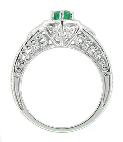 Art Deco Emerald and Diamond Filigree Engraved Engagement Ring in 14 Karat White Gold - Item: R288 - Image: 2