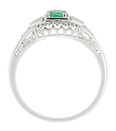 Art Deco Emerald and Diamond Low Profile Filigree Engagement Ring in 14 Karat White Gold - alternate view