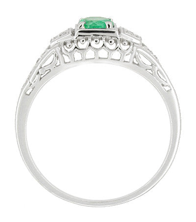 Art Deco Emerald and Diamond Low Profile Filigree Engagement Ring in 14 Karat White Gold - Item: R312 - Image: 2