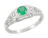 Art Deco Emerald and Diamond Low Profile Filigree Engagement Ring in 14 Karat White Gold