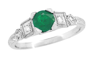 Simple Vintage Emerald Engagement Ring with Side Diamonds - R155