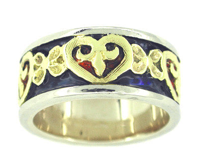 Enameled Heart Band Ring in 14 Karat White and Yellow Gold
