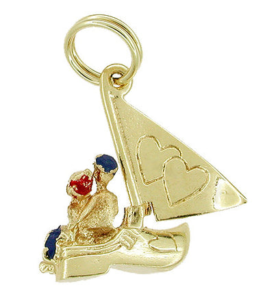 Enameled Movable Dutch Clog Sailboat and Lovers Vintage Charm in 14 Karat Gold - alternate view