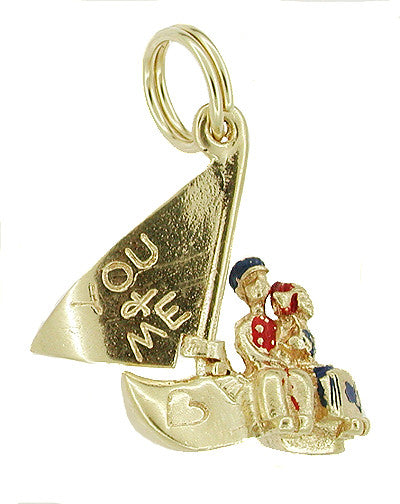 Enameled Movable Dutch Clog Sailboat and Lovers Vintage Charm in 14 Karat Gold