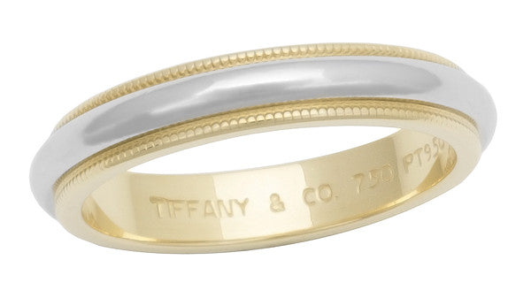 Tiffany & Co 3.75mm Milgrain Wedding Band in Platinum & 18K Yellow Gold - Ring Size 7 - Pre Owned Vintage Tiffany Band