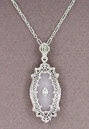 Art Deco Filigree Crystal and Diamond Set Pendant Necklace in Sterling Silver