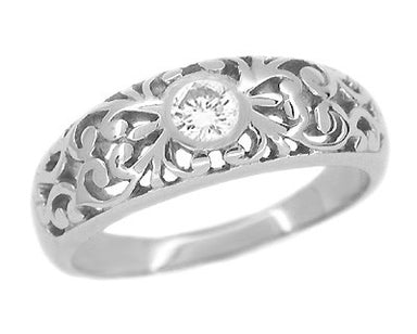 Low Profile Antique Edwardian Filigree Diamond Band Ring in 14 Karat White Gold - Classic Gender Neutral Engagement or Wedding Ring - R197