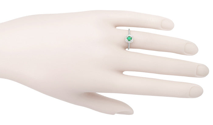 Art Deco Emerald Scrolls Engraved Filigree Engagement Ring in 14 Karat White Gold - Item: R183 - Image: 4