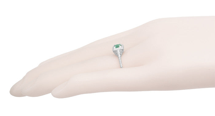 Art Deco Emerald Scrolls Engraved Filigree Engagement Ring in 14 Karat White Gold - Item: R183 - Image: 5