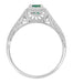 Art Deco Emerald Scrolls Engraved Filigree Engagement Ring in 14 Karat White Gold