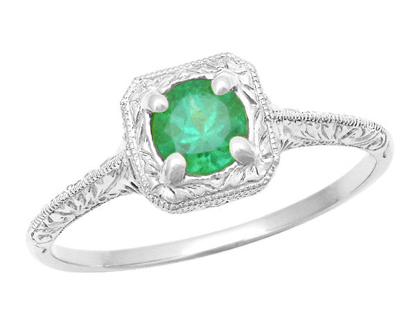 1920's Art Deco Scrols Engraved Illusion Emerald Antique Engagement Ring - R183