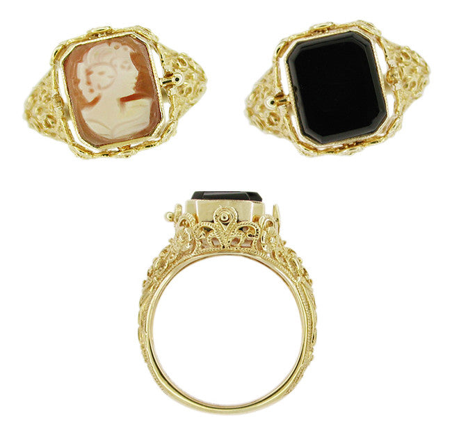 Filigree Flip Ring with Carnelian Shell Cameo and Onyx in 14 Karat Gold - Item: R136 - Image: 2