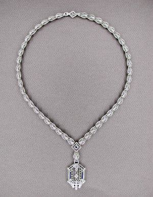 Art Deco Filigree Drop Pendant Necklace Set with Sapphire and Diamonds in Sterling Silver - Item: N109 - Image: 2