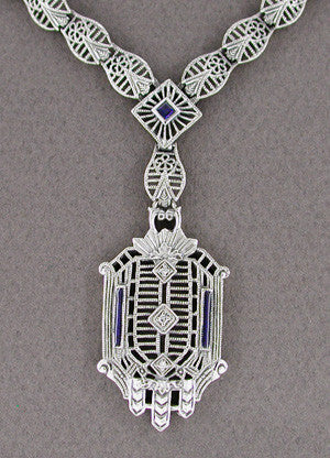 Art Deco Filigree Drop Pendant Necklace Set with Sapphire and Diamonds in Sterling Silver