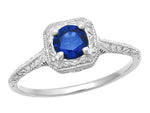 Filigree Scrolls Engraved Art Deco Blue Sapphire Engagement Ring in 14 Karat White Gold